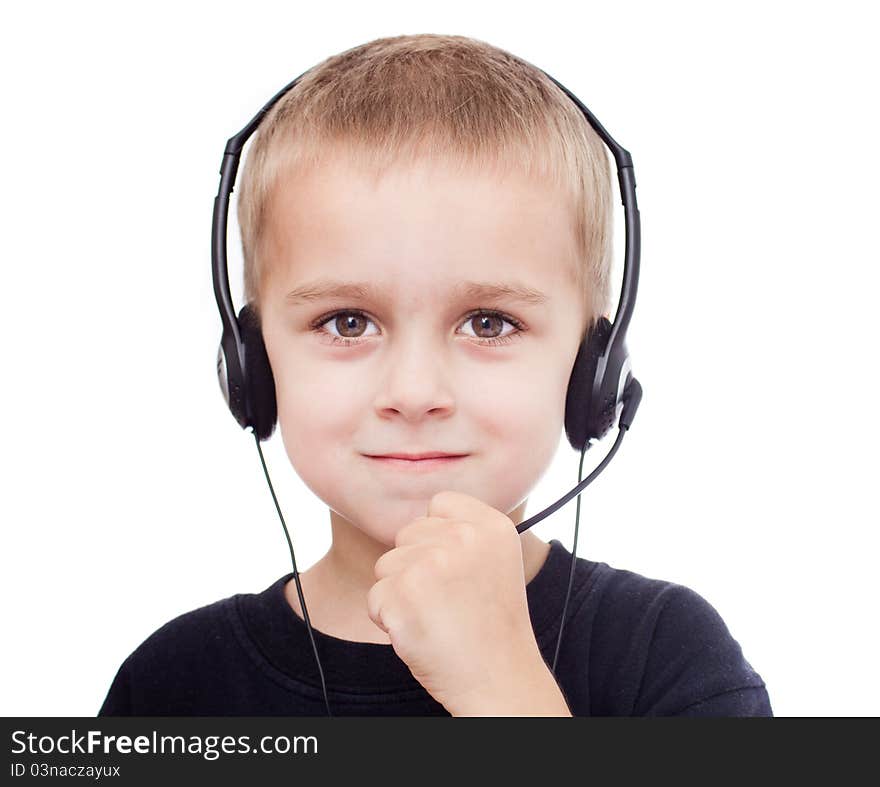 Portrait of little boy with headphones and microphone looking at camera, isolated on white