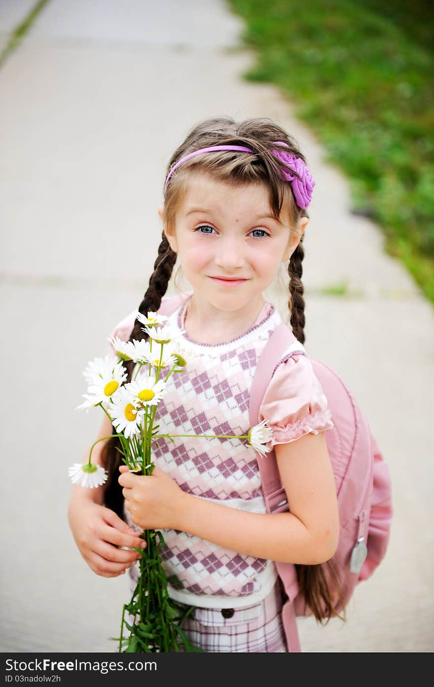 Young Girl With Pink Bagpack Ready For School