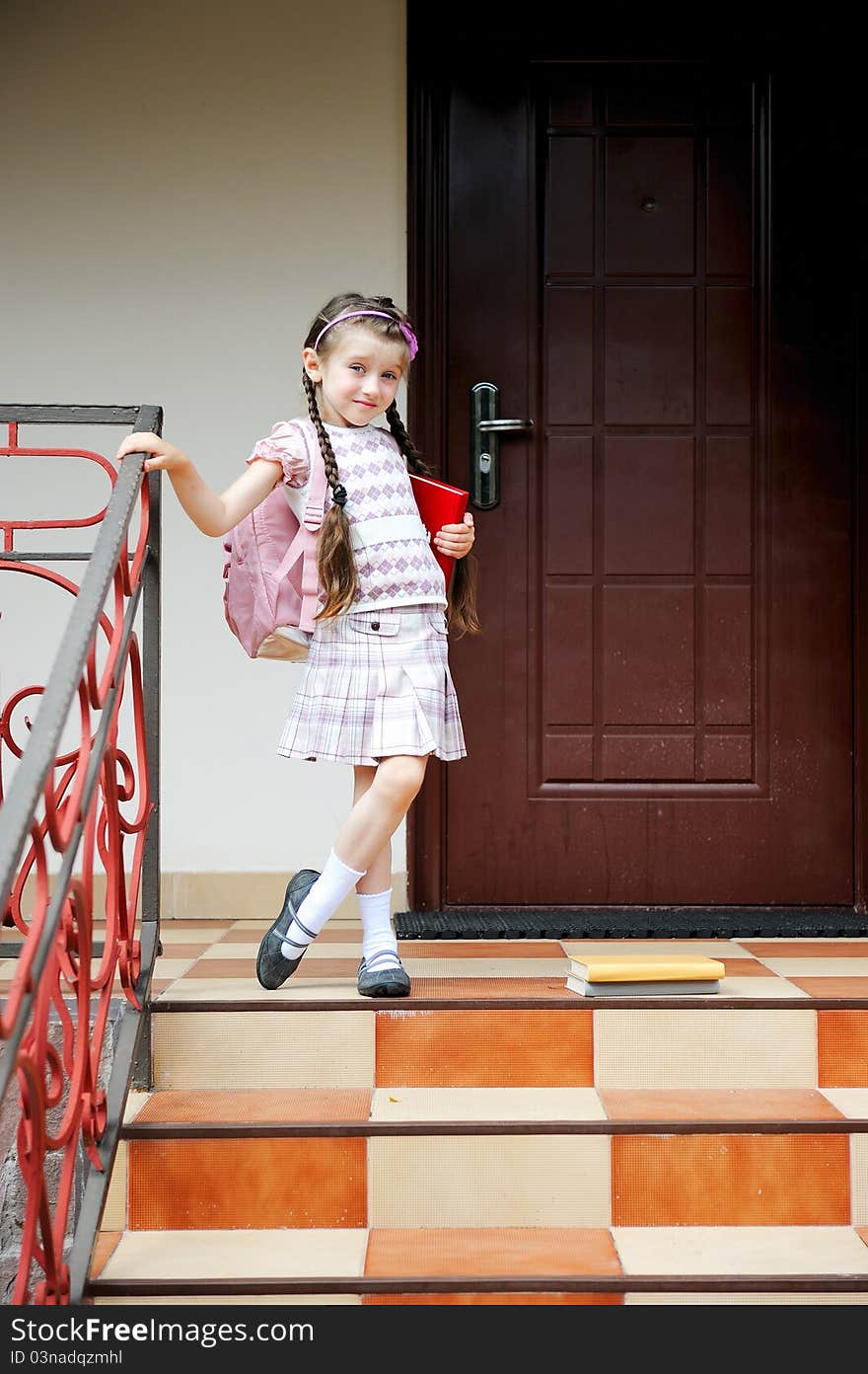 Young Girl With Pink Bagpack Ready For School