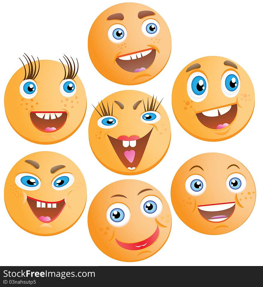 Seven cheerful smilies. Vector illustration