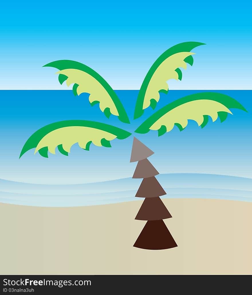 A  illustration of a palm tree on the beach, may be used for cards or touristic prospects