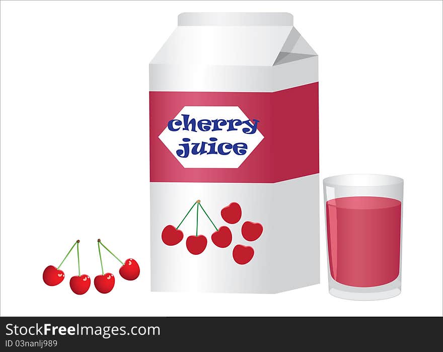 Box with glass of cherry juice and cherries on the white background. Box with glass of cherry juice and cherries on the white background