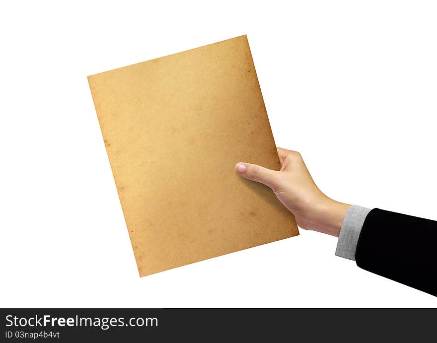 Old paper in hand, businesswoman on white background