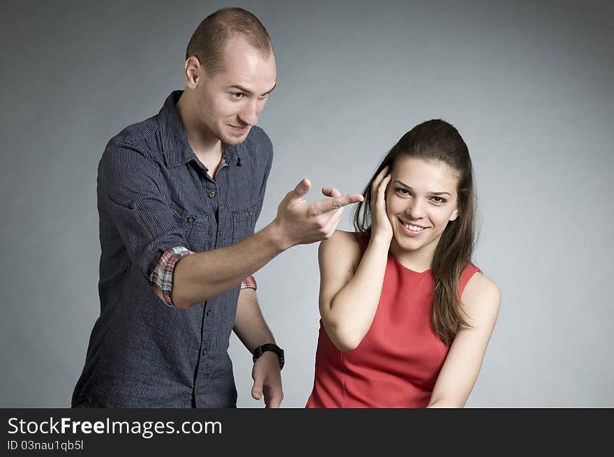 White male and female having crisis in office. White male and female having crisis in office