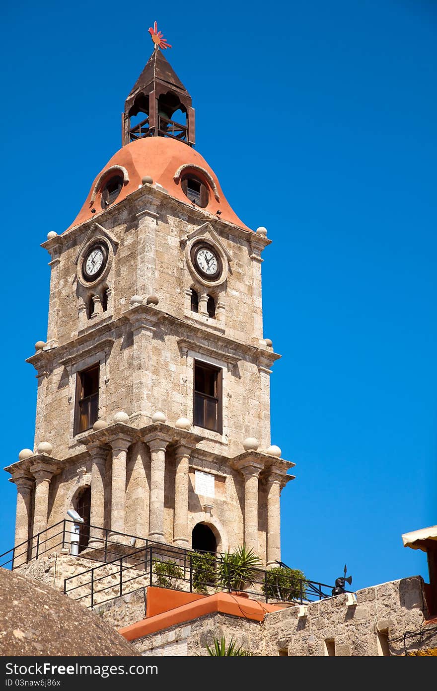 Old clock tower in Rhodes City, Greece