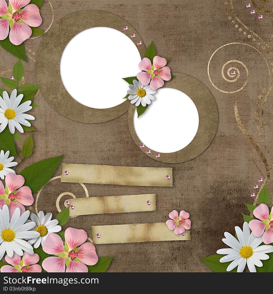 Vintage background with 2 frames, daisy and pink flowers. Vintage background with 2 frames, daisy and pink flowers