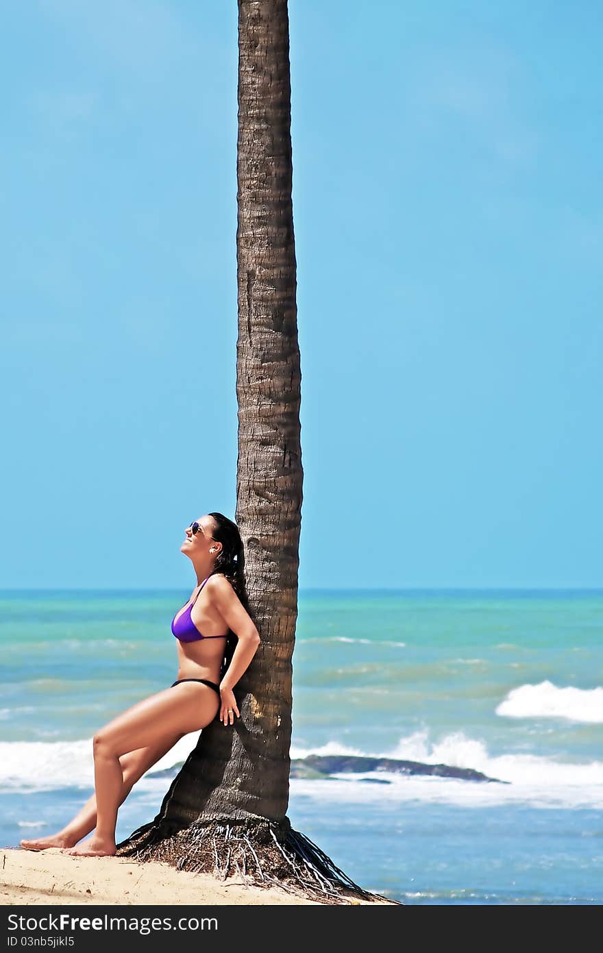 Woman standing by a palm tree at a paradisal tropical beach, in a perfect sunny day