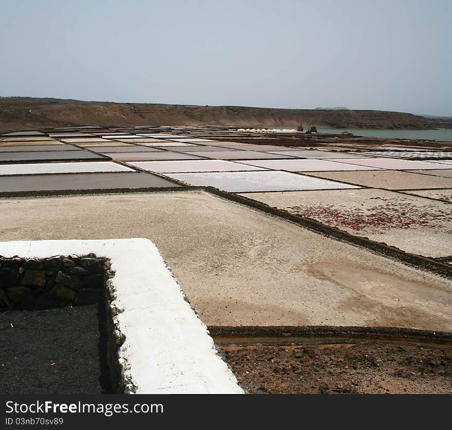 Panoramic view of salt works in Lanzarote, Canary Islands.