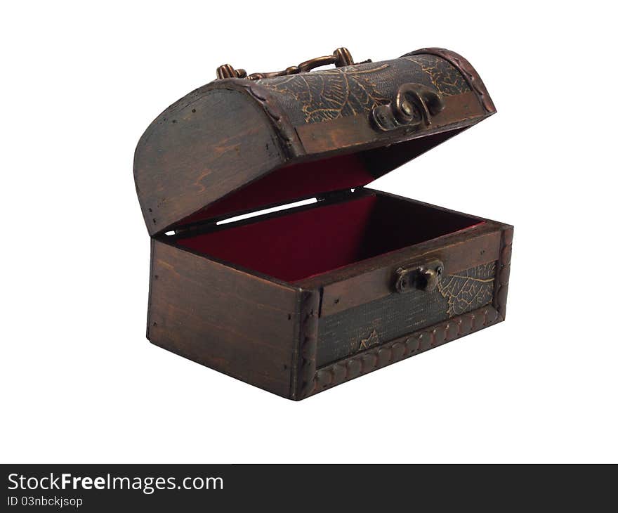 Empty wooden antiquarian chest on a white background