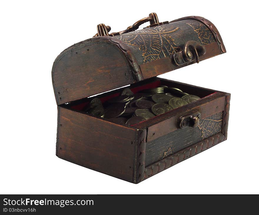 The antiquarian, wooden slightly opened chest with coins on a white background. The antiquarian, wooden slightly opened chest with coins on a white background