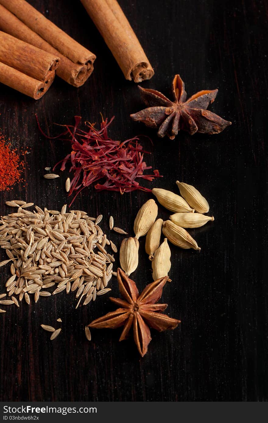 Mix of the spices on black table