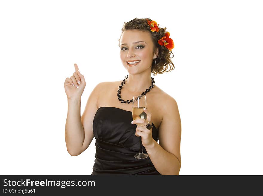 Close-up of a beautiful young girl with hair in an evening gown with champagne groceries. Isolated. Close-up of a beautiful young girl with hair in an evening gown with champagne groceries. Isolated