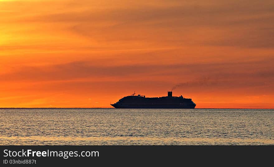 Ship And Sunset.