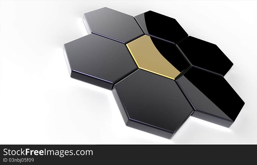 3D abstract rendering of shiny hexagons isolated on white. 3D abstract rendering of shiny hexagons isolated on white