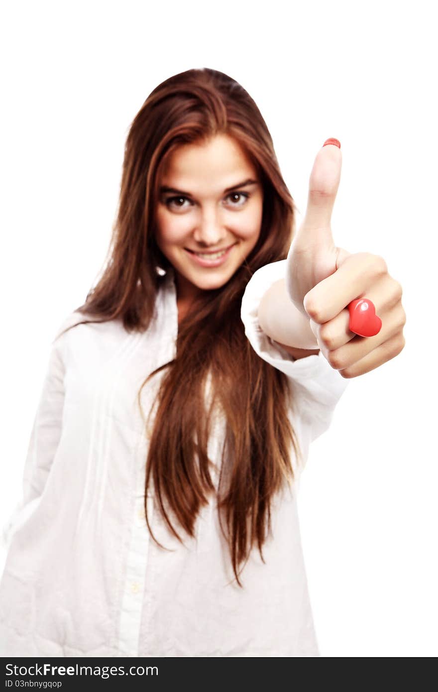 Portrait of young woman gesturing a thumbs up sign isolated on white. Portrait of young woman gesturing a thumbs up sign isolated on white