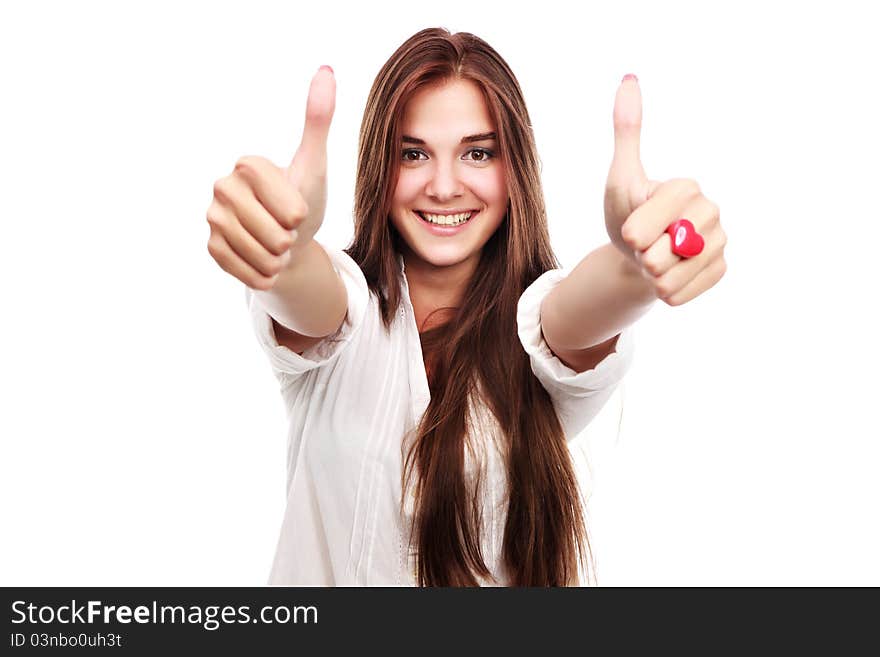 Portrait of young woman gesturing a thumbs up sign isolated on white. Portrait of young woman gesturing a thumbs up sign isolated on white