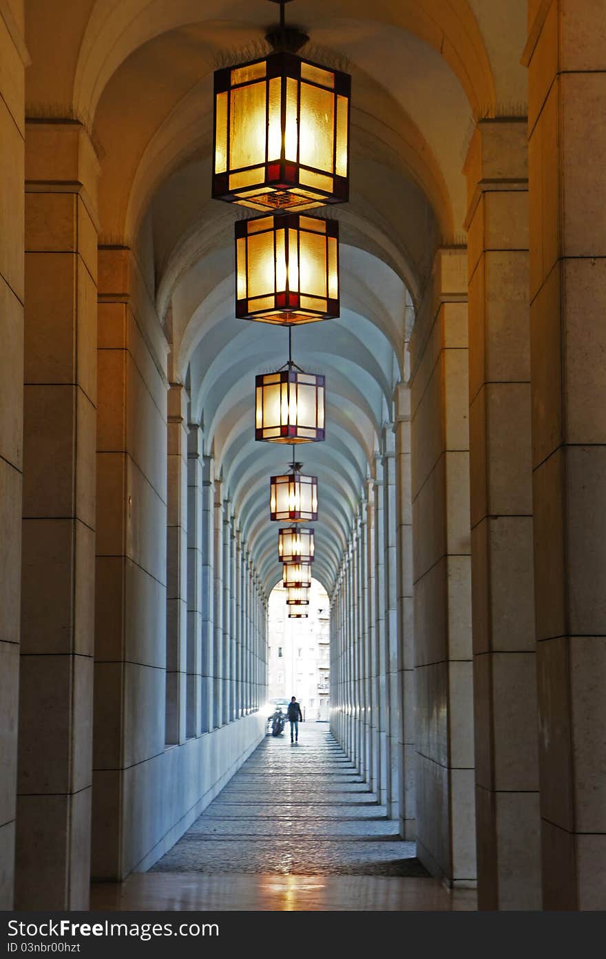 Walkway in Lisbon with decorative lamps. Walkway in Lisbon with decorative lamps