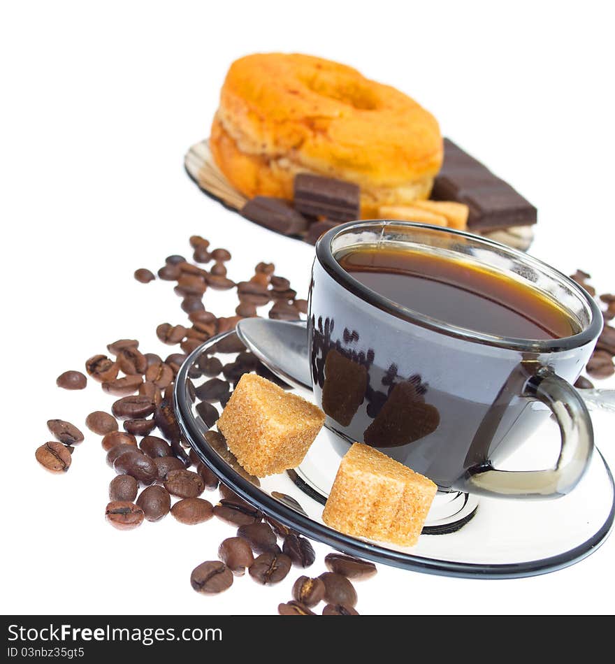 Italian espresso donut, brown sugar and coffee beans on white background. Italian espresso donut, brown sugar and coffee beans on white background