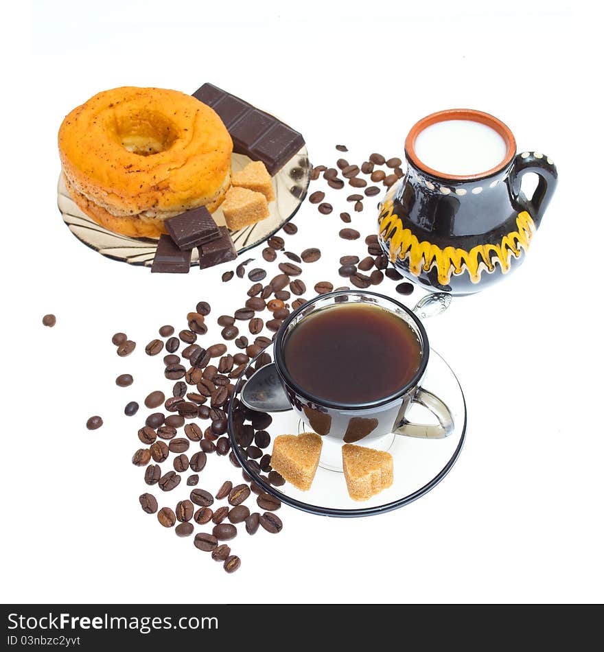 Italian espresso donut, brown sugar and coffee beans on white background. Italian espresso donut, brown sugar and coffee beans on white background