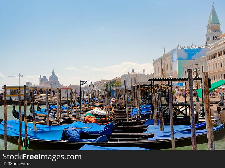 Parking of gondolas near Piazza San Marco in Venice, Italy