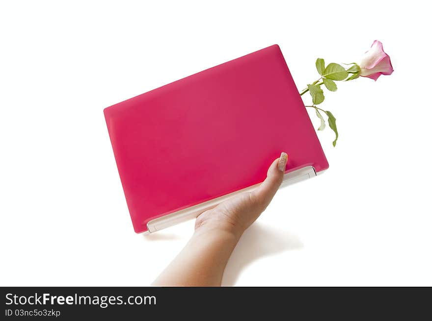 The female hand holds the pink laptop with a rose