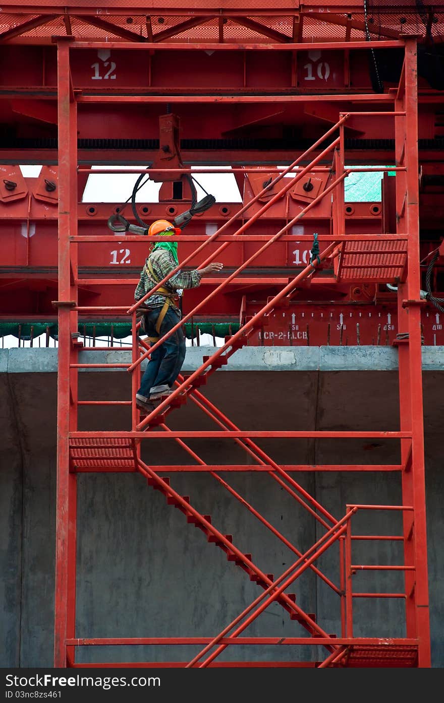 Construction workers on a scaffold ladder.