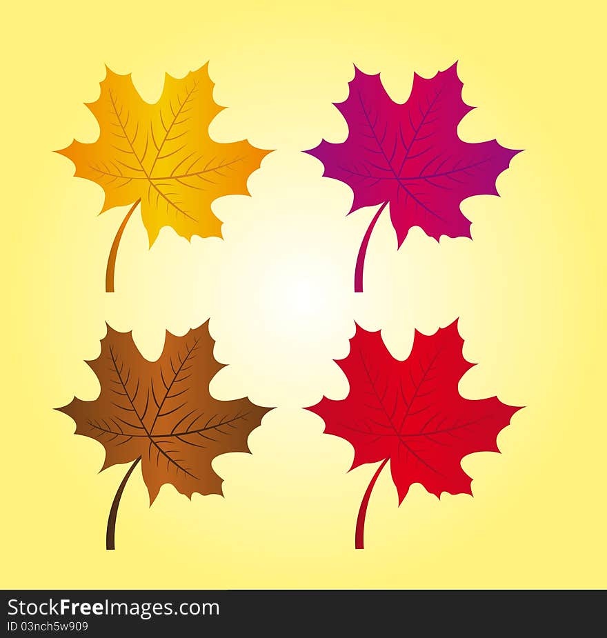 Gold, violet,brown and red autumn leaves over orange background. vector