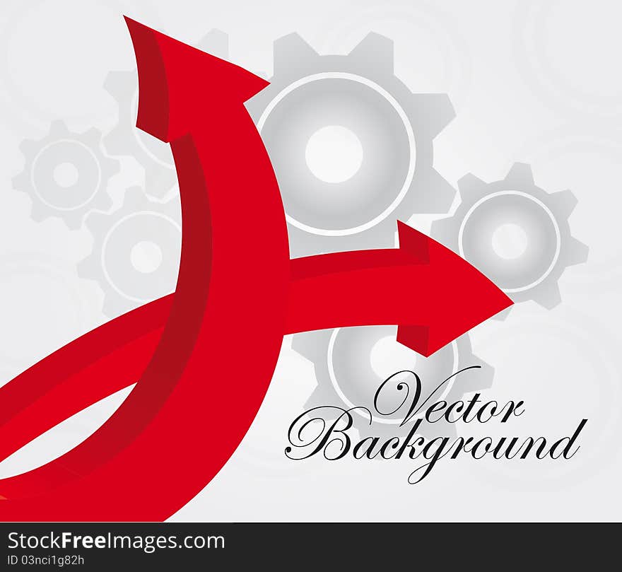 Red arrows over white and gray gears background. vector. Red arrows over white and gray gears background. vector