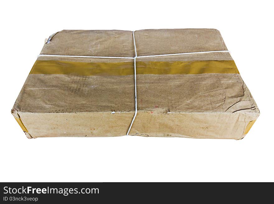 Packing old box tied with a rope on a white background