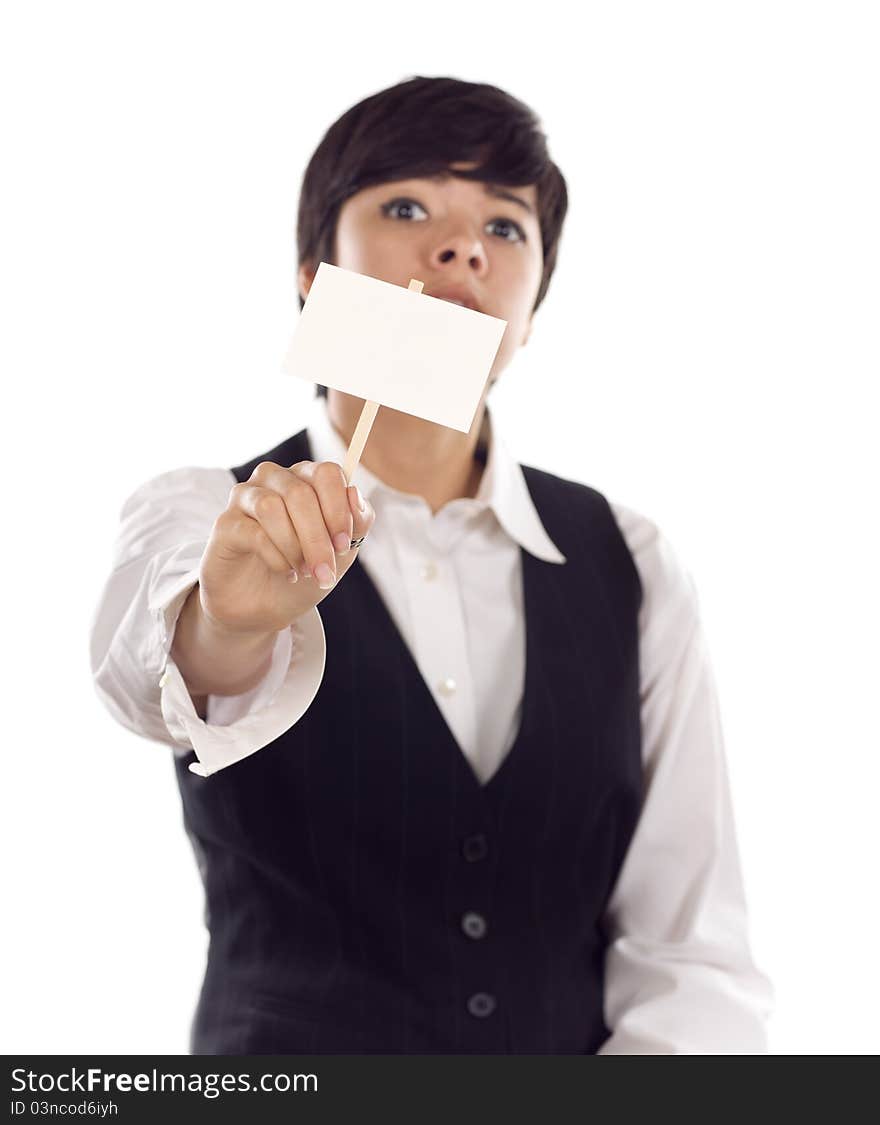 Mixed Race Young Adult Female Holding Blank White Sign in Front of Her Isolated on a White Background. Mixed Race Young Adult Female Holding Blank White Sign in Front of Her Isolated on a White Background.