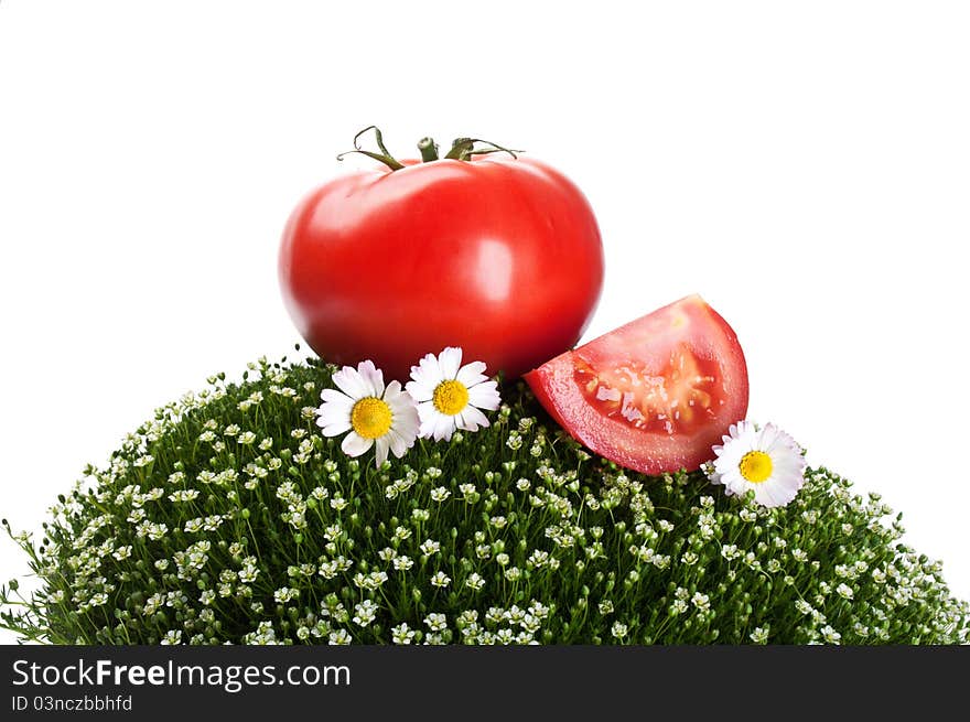 Fresh tomato on a green grass isolated on a white background