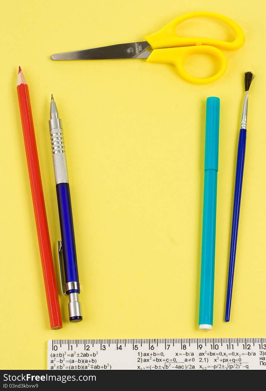 School accessories on yellow background. School accessories on yellow background