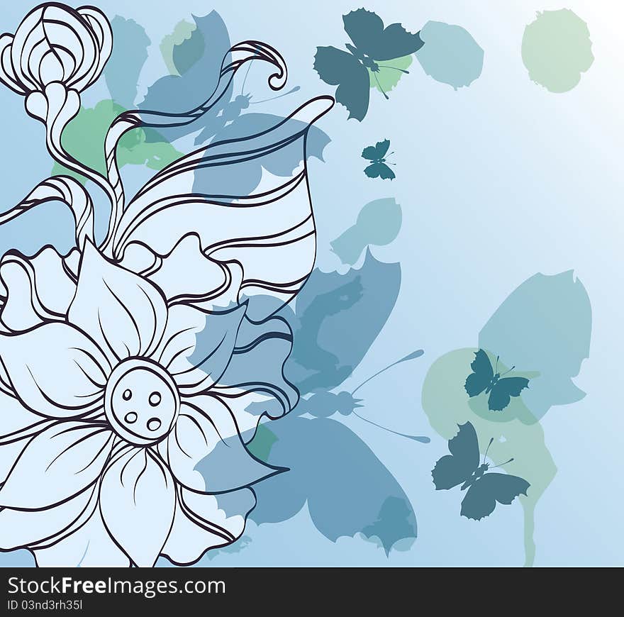 Background with decorative flower and butterflies