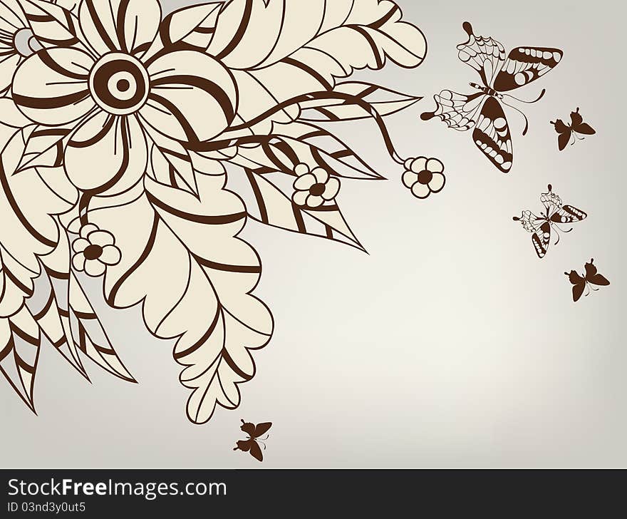 Background with decorative flower and butterflies