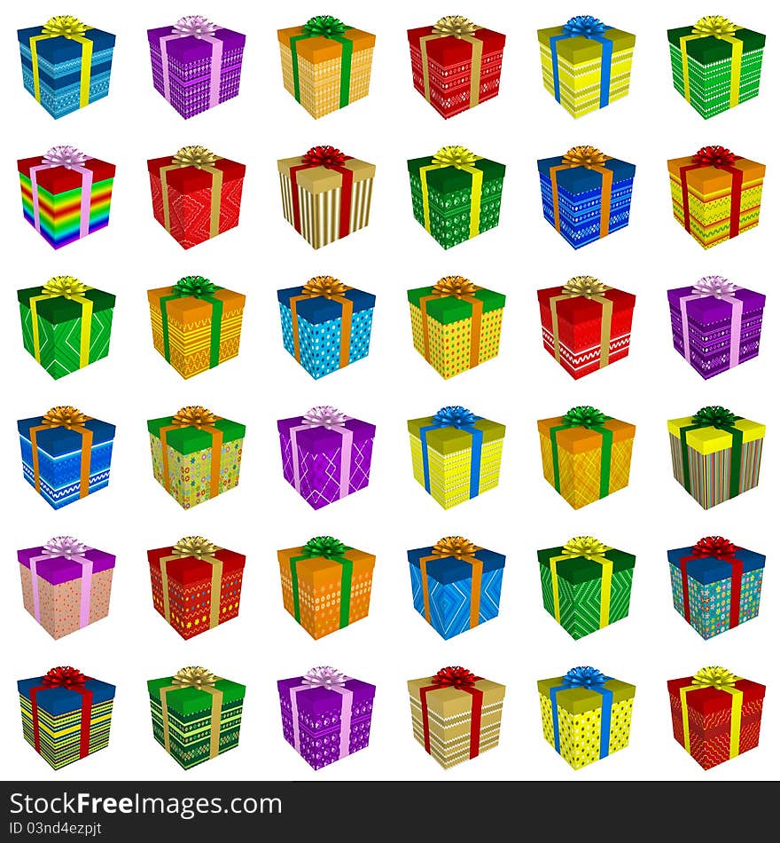 Many colorful gift boxes collection with ribbon