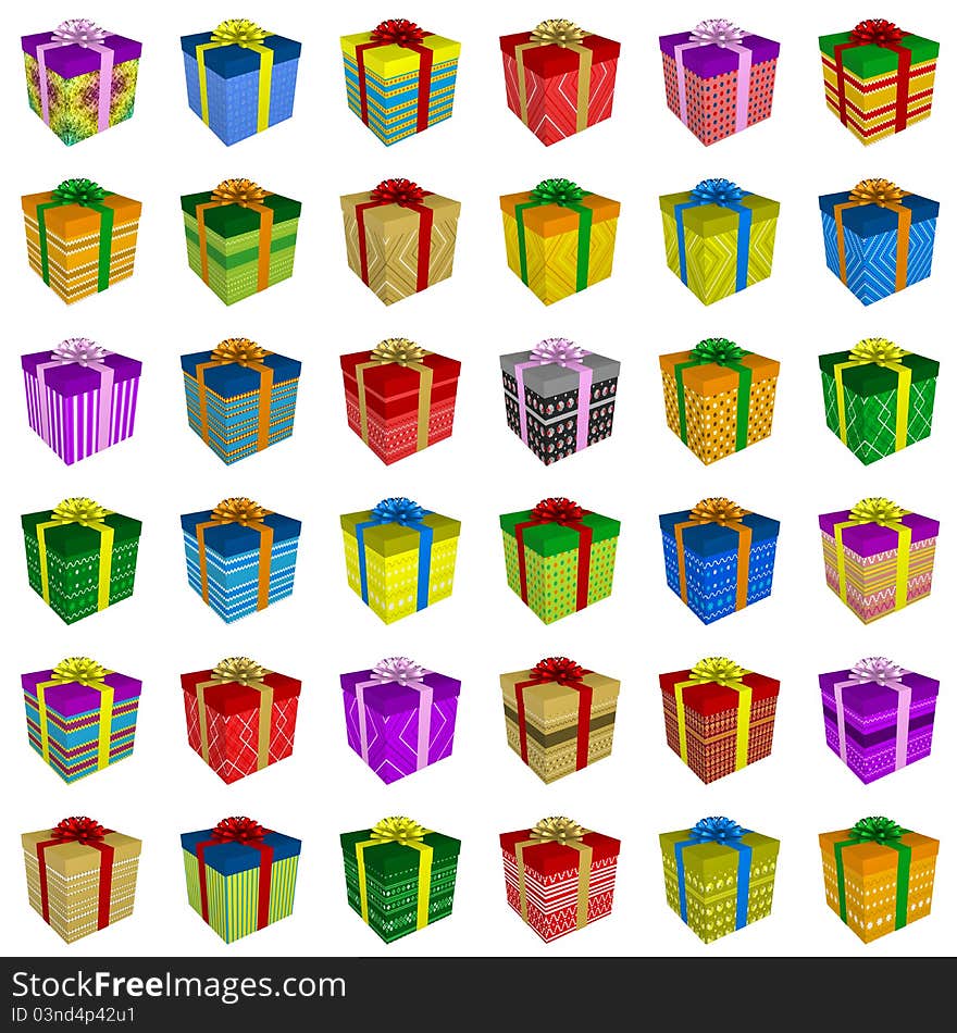 Many colorful gift boxes collection with ribbon