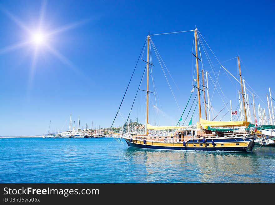 Wonderful yacht in blue bay near Bodrum town.