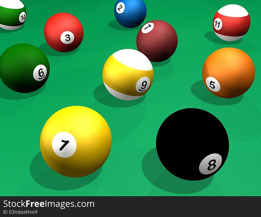 Billard balls pack 3d rendering pool