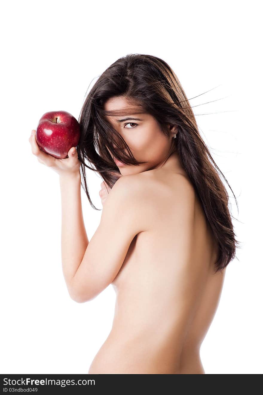 Topless female red apple