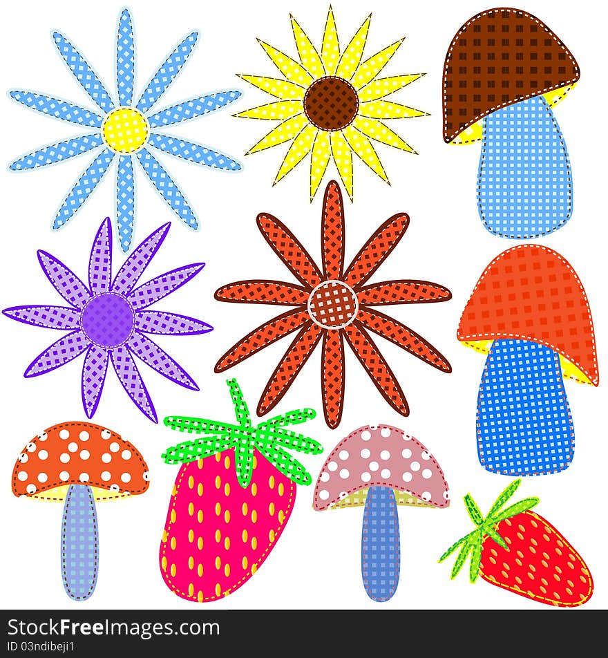 Aplique work in form colour, mushroom and fabrics berries. Vector illustration