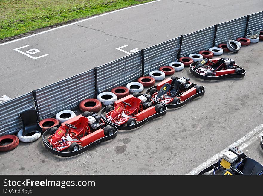 Racing karts in the parc fermé. Racing karts in the parc fermé