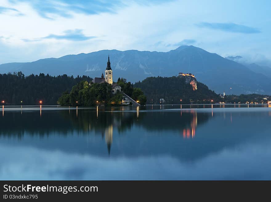 View of  St. Mary´s Church of the Assumptionon in Bled at night. View of  St. Mary´s Church of the Assumptionon in Bled at night.