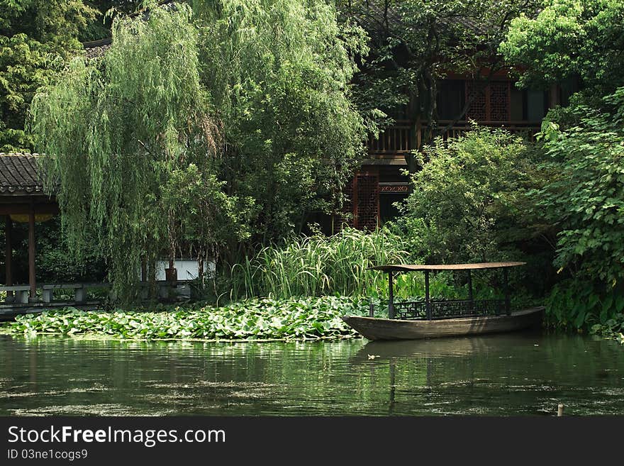 A wooden boat in West Lake of HangZhou