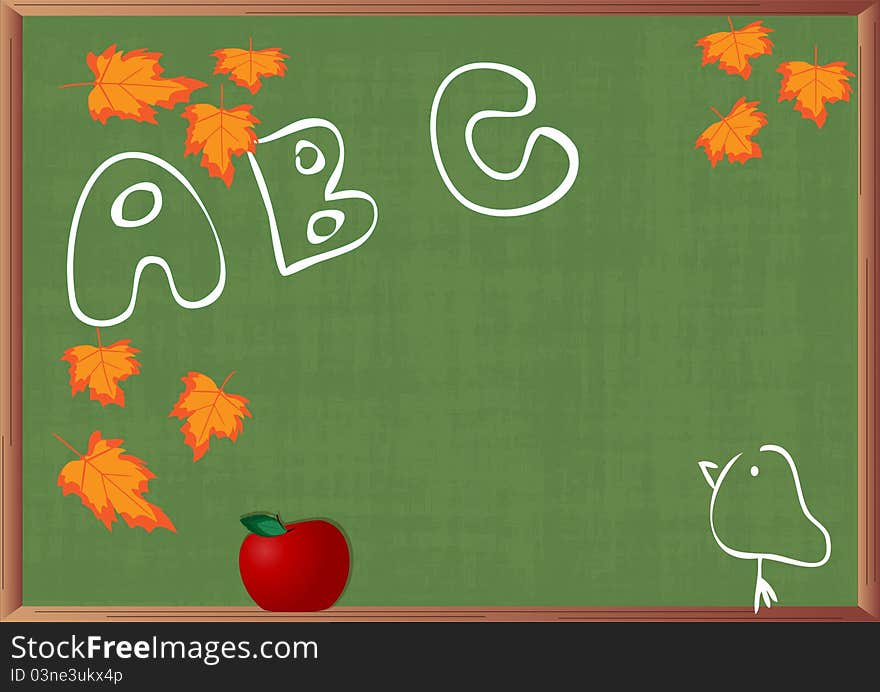 Green background - green blackboard with drawings and red apple. Green background - green blackboard with drawings and red apple