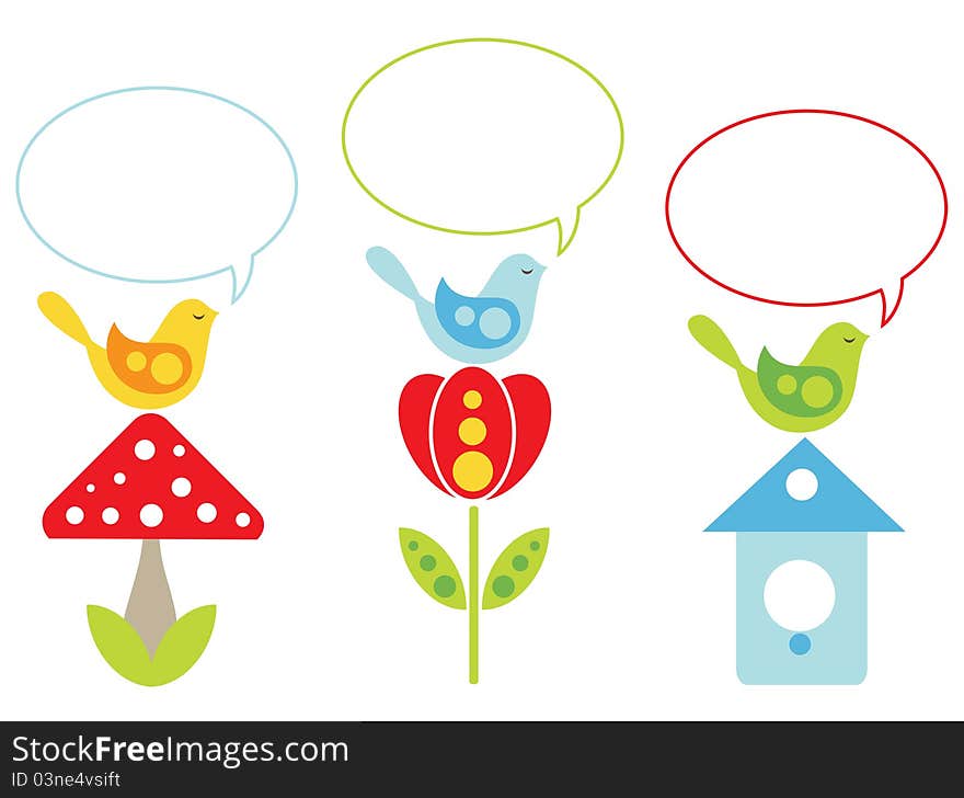 Set of cute colorful birds with speech bubbles. Set of cute colorful birds with speech bubbles