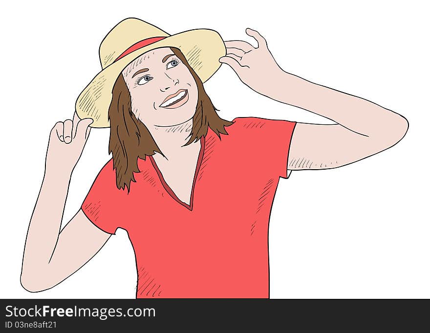 Girl in red shirt and yellow hat smiling. Girl in red shirt and yellow hat smiling