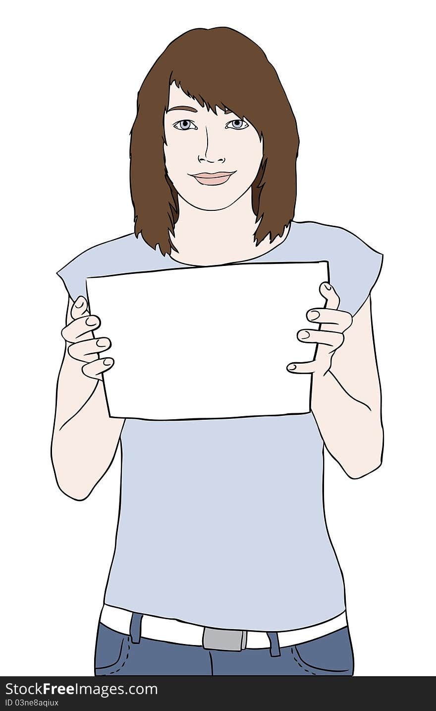 Young girl holding blank paper sheet and smiling