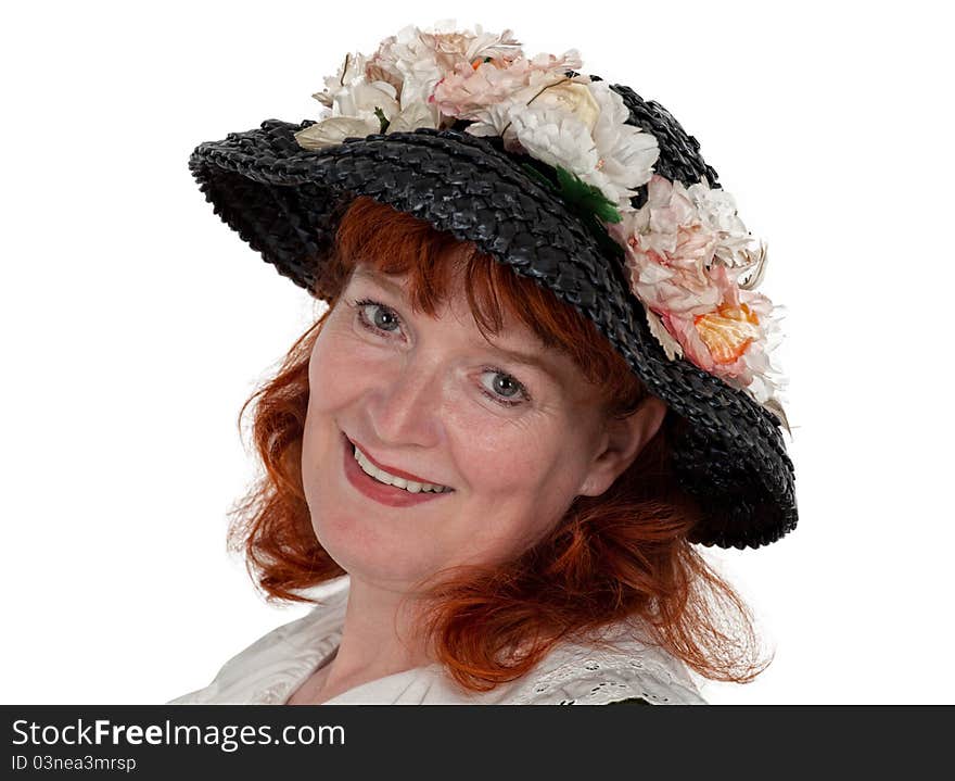 A portrait of a beautiful mature woman with red Hair smiling. A portrait of a beautiful mature woman with red Hair smiling