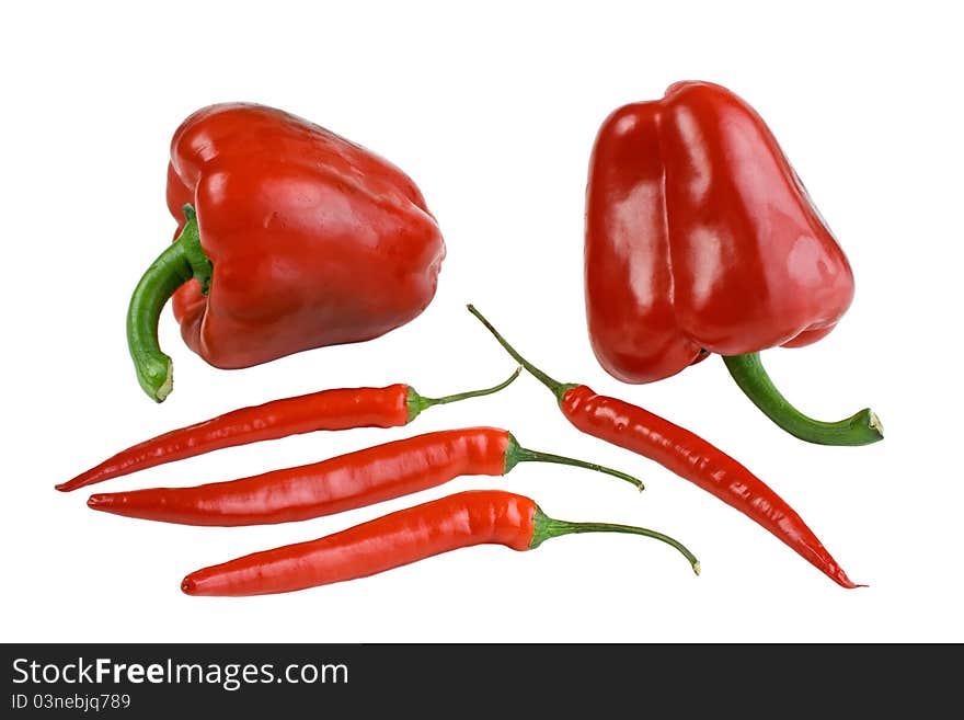 Red peppers, paprika and hot chili, isolated on white.