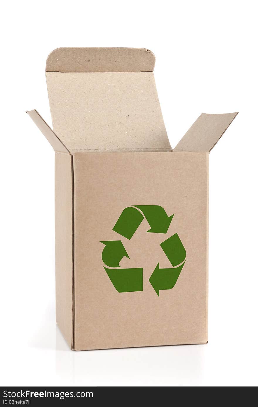 Green recycle sign on open paper box